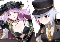 2girls black_bra black_gloves black_hat black_pantyhose black_vest blush bra breasts cleavage closed_mouth collared_shirt commentary_request earrings gloves yellow_necktie grey_eyes hat highres honkai:_star_rail honkai_(series) hsk10107 jade_(honkai:_star_rail) jade_(stoneheart&#039;s_oath_ring)_(honkai:_star_rail) jewelry korean_commentary large_breasts multicolored_hair multiple_girls open_clothes open_shirt pantyhose parted_lips pink_hair pinned purple_eyes red_hair shirt short_hair simple_background smile spread_legs streaked_hair sweatdrop topaz_(honkai:_star_rail) topaz_(stoneheart&#039;s_oath_ring)_(honkai:_star_rail) underwear vest white_background white_hair white_shirt yuri