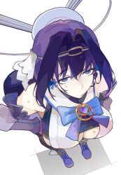 1girl absurdres akurin_14 blue_bow blue_eyes blue_gemstone blue_hair bow bow_earrings breasts chain chain_headband clothing_cutout detached_sleeves earrings from_above gem grey_sleeves hair_intakes halo heart-shaped_gem highres hololive hololive_english jewelry large_breasts mechanical_halo ouro_kronii ouro_kronii_(1st_costume) shirt solo sweat underboob_cutout veil virtual_youtuber white_shirt