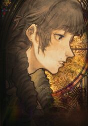 Rule 34 | 1girl, artist name, brown hair, commentary, ear piercing, face piercing, fear &amp; hunger (series), fear &amp; hunger 2: termina, from side, highres, long hair, marina (fear &amp; hunger), mouth piercing, parted lips, piercing, purple eyes, solo, stained glass, toxic nugget