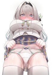 1girl absurdres black_hairband blue_pupils blush bow bow_panties breasts buttons cameltoe clothes_lift commentary_request cowboy_shot double-breasted firefly_(honkai:_star_rail) firefly_(spring_missive)_(honkai:_star_rail) from_below full-face_blush grey_hair hair_between_eyes hairband highres honkai:_star_rail honkai_(series) large_breasts lifting_own_clothes long_hair long_sleeves looking_at_viewer looking_down official_alternate_costume open_mouth panties plaid_bow plaid_clothes plaid_skirt purple_eyes school_uniform shirt simple_background skirt skirt_lift solo tefutefufu thighhighs underwear white_background white_shirt white_thighhighs