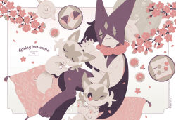 cherry_blossoms closed_eyes commentary dango evolutionary_line food lying manami_(uovoegg) meowscarada mochi nintendo on_side one_eye_closed petals pillow pokemon pokemon_(creature) sleeping sprigatito spring_(season) symbol-only_commentary teapot wagashi white_background