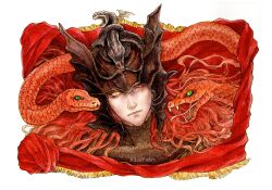 1boy animal black_helmet black_snake elden_ring fangs green_eyes helmet liuyuart messmer_the_impaler one_eye_closed red_hair red_snake traditional_media yellow_eyes