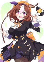 Rule 34 | 1girl, :3, animal ears, back bow, black corset, black dress, black pantyhose, blush, bow, bowtie, brooch, collar, commentary request, corset, cowboy shot, dress, ear covers, frilled collar, frilled sleeves, frills, ghost ornament, hairband, high collar, highres, horse ears, horse girl, horse tail, jack-o&#039;-lantern brooch, jack-o&#039;-lantern ornament, jewelry, juliet sleeves, kamuraaa 615, lantern, long sleeves, meisho doto (dot-o&#039;-lantern) (umamusume), meisho doto (umamusume), multicolored hair, open mouth, orange bow, orange bowtie, pantyhose, puffy sleeves, purple eyes, short hair, single ear cover, solo, tail, two-tone hair, umamusume, white hair