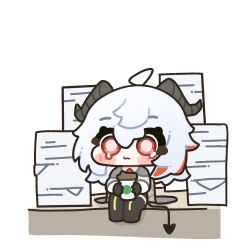1girl absurdres black_horns black_pants black_tail chibi chibi_only commentary cup curled_horns demon_tail disposable_coffee_cup disposable_cup highres holding holding_cup horns kiwichip long_hair looking_at_viewer multicolored_hair pants paper_stack red_eyes solo streaked_hair symbol-only_commentary tail tearing_up white_background wuthering_waves zani_(wuthering_waves)