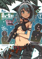 1girl ahoge animal_ear_fluff animal_ears aqua_hair aqua_nails bikini black_bikini black_choker black_gloves black_pants blush breasts choker commission covered_erect_nipples cowboy_shot earrings fingerless_gloves gloves gluteal_fold green_eyes groin gun hair_intakes handgun highres holding holding_gun holding_weapon holstered jewelry lowleg lowleg_pants magazine_(weapon) medium_hair nail_polish nancou_(nankou) navel original palm_tree pants parted_lips shell_casing skeb_commission small_breasts smile solo standing swimsuit tail teeth tree weapon