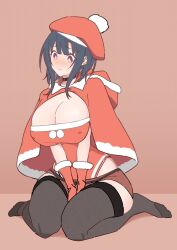 1girl alternate_costume beret between_legs black_choker black_hair black_thighhighs blush breasts capelet choker cleavage closed_mouth commentary_request fur_trim gloves hand_between_legs hat highres hood hood_down hooded_capelet kamotsu kantai_collection large_breasts leotard no_shoes pom_pom_(clothes) red_capelet red_gloves red_hat red_leotard red_shorts santa_costume short_hair short_shorts shorts simple_background sitting solo takao_(kancolle) thighhighs wariza