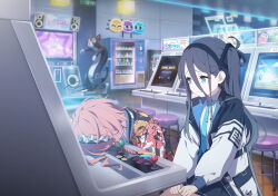 2girls ahoge arcade aris_(blue_archive) black_hair black_halo black_jacket black_skirt blue_archive blue_eyes blue_halo blue_necktie blue_ribbon braid fang floral_print game_cg hair_between_eyes halo highres huge_ahoge jacket long_bangs long_hair looking_at_another maid_headdress mole mole_under_eye multiple_girls necktie neru_(blue_archive) non-web_source official_art one_side_up open_mouth playing_games pleated_skirt red_hair ribbon shirt single_braid skirt sukajan white_shirt white_sleeves