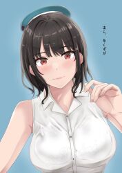 1girl beret black_hair blue_background blue_hat bra_visible_through_clothes collared_shirt commentary_request dress_shirt hat highres jouzaburou_(joe3) kantai_collection red_eyes shirt short_hair simple_background sleeveless sleeveless_shirt solo takao_(kancolle) translation_request white_shirt