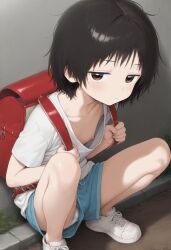 1girl aged_down ai-generated bag boots breasts brown_hair closed_mouth female_focus kuze_shizuka loli looking_at_viewer nipples nose original panties school_bag shirt short_hair shorts sitting small_breasts solo t-shirt takopii_no_genzai underwear white_panties