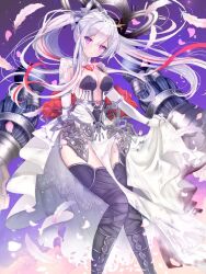 1girl armor bad_id bad_twitter_id blood blood_on_clothes boots breasts cleavage closed_mouth dress elbow_gloves expressionless feathers flower gloves hair_ornament halo headdress long_hair looking_at_viewer medium_breasts multicolored_hair pink_petals purple_eyes red_flower red_hair red_rose rose shiro_snow sinoalice snow_white_(sinoalice) solo streaked_hair thighhighs two-tone_hair white_gloves white_hair zettai_ryouiki