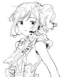 1girl aikatsu! aikatsu!_(series) bad_id bad_twitter_id greyscale hair_ornament hair_scrunchie headset highres inactive_account kiriya_aoi long_hair looking_at_viewer monochrome open_mouth scrunchie side_ponytail simple_background solo suiso_(owp) upper_body white_background