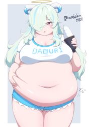 1girl belly belly_grab blue_hair blue_shorts breasts cleavage crop_top doubliel fat fat_woman food hair_over_one_eye halo hand_on_own_stomach holding holding_ice_cream_cone horns ice_cream ice_cream_cone large_breasts long_hair mahjong_fight_girl masakin messy_hair midriff mole mole_on_thigh navel obese one_eye_covered open_mouth pink_eyes shirt short_shorts shorts solo standing white_hair white_shirt