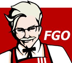 1boy ahoge apron bow bowtie closed_eyes colonel_sanders commentary_request crokase facial_hair fate/grand_order fate_(series) glasses grey_hair grin james_moriarty_(archer)_(fate) kfc male_focus mustache no_bangs old old_man parody red_background smile solo white_background