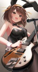 1girl :d absurdres animal_ears artist_name black_bow black_bowtie black_leotard bow bowtie breasts brown_eyes brown_hair cleavage commentary_request detached_collar fake_animal_ears guitar_strap hairband highres instrument leotard mani_(manidrawings) medium_breasts medium_hair microphone microphone_stand music official_alternate_costume open_mouth playboy_bunny playing_guitar playing_instrument rabbit_ears ribbon singing smile solo strapless strapless_leotard suzumiya_haruhi suzumiya_haruhi_no_yuuutsu teeth tongue twitter_username upper_teeth_only watermark white_wrist_cuffs wrist_cuffs yellow_hairband yellow_ribbon