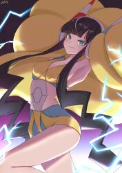 1girl absurdres armpits bare_shoulders black_hair blue_eyes blunt_bangs blush breasts closed_mouth coat collarbone commentary dress elesa_(pokemon) fur_coat fur_jacket headphones highres jacket long_hair looking_at_viewer low_neckline medium_breasts mochitaro_(mothitaroo) navel nintendo pokemon pokemon_bw2 short_hair short_hair_with_long_locks sidelocks sleeveless smile solo yellow_coat yellow_dress yellow_jacket