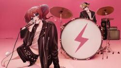 absurdres apt apt._(rose_&amp;_bruno_mars) black_hat blonde_hair circus circus_baby_(fnaf) couple drum drum_set five_nights_at_freddy&#039;s fredbear_(fnaf) glasses golden_freddy green_eyes hat highres instrument jacket lying microphone music parody red_hair short_twintails singing smile twintails