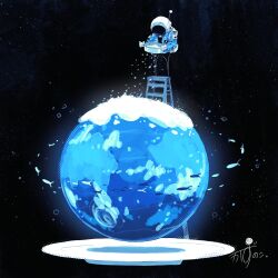 Rule 34 | 1other, absurdres, artist name, blue jacket, commentary, fish, flying fish, gloves, helmet, highres, holding, jacket, kazunoko (kazunoko zunoco), ladder, original, planet, plate, radio antenna, signature, snow, snowing, space, space helmet, standing, star (sky), stepladder, white gloves