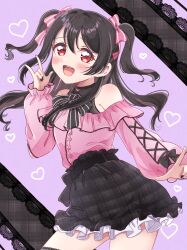 1girl \m/ belt black_belt black_hair black_nails black_ribbon black_skirt blush bow fingernails hair_bow hand_up heart highres jirai_kei long_hair long_sleeves looking_at_viewer looking_back love_live! love_live!_school_idol_project multiple_hair_bows nail_polish neck_ribbon open_mouth osono_(osonokichi) pink_bow pink_shirt red_eyes ribbon shirt skirt solo two_side_up yazawa_nico