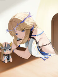 Rule 34 | 1girl, bare shoulders, black collar, blonde hair, blue eyes, breasts, cartethyia (wuthering waves), closed mouth, collar, commentary, crown of thorns, earrings, english commentary, eyebrows hidden by hair, fingernails, hand puppet, highres, jewelry, long hair, looking at object, multiple earrings, muwon, parted bangs, pointy ears, puppet, sidelocks, small breasts, solo, tabard, tacet mark (wuthering waves), white tabard, wuthering waves