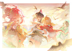 4girls absurdres airi_(band)_(blue_archive) airi_(blue_archive) animal_ears bird black_hair blonde_hair blue_archive breasts brown_hair closed_mouth green_eyes gyum_(myyyyyon) hair_bun halo highres jacket kazusa_(band)_(blue_archive) kazusa_(blue_archive) long_hair multiple_girls natsu_(band)_(blue_archive) natsu_(blue_archive) ocean open_mouth outdoors pink_eyes pink_hair red_eyes shirt sidelocks skirt smile yoshimi_(band)_(blue_archive) yoshimi_(blue_archive)