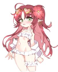 1girl ahoge arknights bikini blush earrings eyewear_on_head flat_chest flower frilled_bikini frilled_thigh_strap frills godgamesc2 green_eyes hair_flower hair_ornament heart heart-shaped_eyewear highres jewelry long_hair looking_at_viewer myrtle_(arknights) myrtle_(summer_flowers)_(arknights) navel open_mouth pointy_ears red_hair simple_background sketch solo swimsuit thigh_strap two_side_up white_background white_bikini