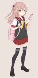 1girl absurdres bag black_shoes black_thighhighs black_vest blush brown_background brown_eyes brown_hair cellphone crossed_bangs full_body hair_ornament highres holding holding_phone inui_sajuna loafers long_hair looking_at_viewer neckerchief onigiri_noe phone pleated_skirt red_sailor_collar red_skirt sailor_collar school_bag school_uniform shoes short_sleeves skirt smartphone solo sono_bisque_doll_wa_koi_wo_suru thighhighs two_side_up vest yellow_neckerchief