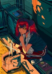 1girl absurdres aqua_shirt artdroiiid_ii bag book condenser_unit dappled_sunlight day diffraction_spikes door doorknob double-parted_bangs finger_to_mouth full_body grass hand_up highres holding holding_knife industrial_pipe knife long_hair looking_at_viewer multicolored_shoes open_bag original outdoors pants paperclip parted_lips pen pile_of_books porch red_hair red_pants shade shadow shirt shoes short_sleeves shushing sneakers solo squatting sticky_note sunlight t-shirt towel towel_around_neck track_pants twintails wire yellow_eyes zipper_pull_tab