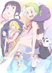 2boys 5girls ahoge bare_shoulders black_hair blonde_hair blue_eyes broom broom_riding broom_surfing brown_eyes brown_hair cape cat character_request crossed_arms dress earrings glasses hat jewelry long_hair majocco_shimai_no_yoyo_to_nene midriff multiple_boys multiple_girls necklace open_mouth outstretched_arms purple_hair running short_hair shorts skull smile spread_arms touge_hiro yellow_eyes yoyo_(majocco_shimai_no_yoyo_to_nene)