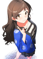 Rule 34 | 1girl, black skirt, brown eyes, brown hair, closed mouth, frilled skirt, frills, from above, hand up, happi, idolmaster, idolmaster million live!, japanese clothes, kitazawa shiho, light blush, light smile, long hair, looking at viewer, looking back, shirop imas, shirt, skirt, solo, standing, striped clothes, striped shirt, v, white background