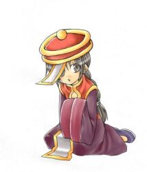 1girl ark_kan brown_dress commentary_request dress expressionless full_body grey_eyes grey_hair hands_in_opposite_sleeves hat jiangshi long_hair looking_at_viewer munak ofuda open_mouth purple_shoes qingdai_guanmao ragnarok_online red_hat shoes simple_background solo white_background