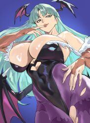 Rule 34 | 1girl, absurdres, animal print, bare shoulders, bat print, black leotard, breasts, bridal gauntlets, cleavage, darkstalkers, demon girl, green eyes, green hair, head wings, highleg, highleg leotard, highres, large breasts, leotard, long hair, looking at viewer, morrigan aensland, off-shoulder leotard, pantyhose, purple pantyhose, smile, solo, taiyang yu, wings
