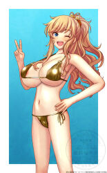 1girl absurdres anetani_kiki areola_slip armpits bikini blonde_hair blue_background blue_eyes blush breasts cleavage eyebrows_hidden_by_hair gold_bikini hair_tie hand_on_own_hip highres idolmaster idolmaster_cinderella_girls large_breasts long_hair looking_at_viewer navel ohtsuki_yui open_mouth ponytail shadow sideboob smile solo stomach swimsuit v