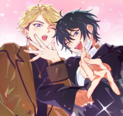 Rule 34 | 2boys, black hair, blonde hair, blue eyes, brown coat, brown hair, brown jacket, coat, earrings, ensemble stars!, fangs, heterochromia, jacket, jewelry, kagehira mika, looking at viewer, male focus, multicolored hair, multiple boys, multiple earrings, narukami arashi, open mouth, pink background, purple eyes, shirt, short hair, sparkle, tongue, tongue out, turtleneck, white shirt, yellow eyes, zn242878163