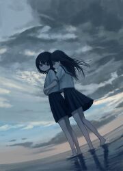 2girls absurdres barefoot black_hair black_sailor_collar black_skirt blue_eyes blush breasts closed_mouth cloud cloudy_sky fisheye from_side highres hug hug_from_behind long_hair looking_at_another multiple_girls original outdoors pleated_skirt sailor_collar sakiika0513 school_uniform serafuku shirt short_hair short_sleeves skirt sky small_breasts standing white_shirt yuri