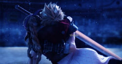 1boy 1girl 3d absurdres aerith_gainsborough arm_around_back arm_around_neck armor armored_gloves artist_name bandaged_arm bandages braid braided_ponytail buster_sword cloud_strife cropped_jacket dress final_fantasy final_fantasy_vii final_fantasy_vii_remake hair_ribbon highres hug jacket pauldrons pink_dress pink_ribbon red_jacket ribbon sharp_teeth short_hair shoulder_armor sidelocks single_braid single_pauldron solarasona teeth weapon weapon_on_back