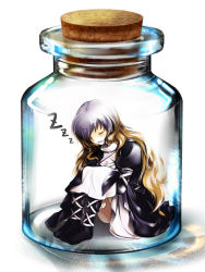 1girl 3d bad_id bad_pixiv_id bottle bottle_meme_(pixiv) brown_eyes dress female_focus gradient_hair hijiri_byakuren hugging_own_legs in_bottle in_container long_hair multicolored_hair narumizg silver_hair sitting sleeping solo touhou turtleneck zzz