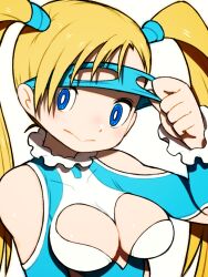 Rule 34 | 1girl, :&gt;, bare shoulders, beeru (veil8801), blonde hair, blue eyes, breasts, bright pupils, cleavage, cleavage cutout, closed mouth, clothing cutout, covered collarbone, eye mask, highres, mask lift, medium breasts, rainbow mika, shoulder cutout, simple background, smile, solo, street fighter, twintails, upper body, white background, white pupils, wrestling mask, wrestling outfit