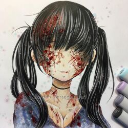 1girl art_tools_in_frame black_choker black_hair blood blood_in_hair blood_on_breasts blood_on_clothes blood_on_face blood_on_neck blue_shirt breasts choker cleavage closed_mouth collarbone commentary copic_(brand) creepypasta english_commentary facing_viewer hair_over_shoulder jordan_persegati long_hair lulu_(creepypasta) marker_(medium) medium_breasts no_eyes shirt simple_background smile solo straight-on traditional_media twintails upper_body