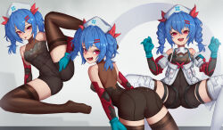 Rule 34 | 1girl, :d, :p, absurdres, afrotunaart, arm around leg, arms behind back, ass, bare shoulders, bent over, between legs, blue gloves, blush, bodysuit, boots, braid, breasts, claw pose, colphne (girls&#039; frontline 2), colphne (silent heart) (girls&#039; frontline 2), covered navel, from behind, girls&#039; frontline, girls&#039; frontline 2: exilium, gloves, hair between eyes, hair ornament, hair ribbon, hairclip, hand between legs, hands up, hat, highres, jacket, leaning forward, leg up, looking at viewer, looking back, medium hair, multiple views, nurse cap, off-shoulder jacket, off shoulder, open clothes, open jacket, open mouth, petite, presenting, red ribbon, ribbon, seductive smile, skin tight, small breasts, smile, smug, solo, spread legs, stethoscope around neck, thigh boots, thighhighs, thighs, tongue, tongue out, twin braids, twintails, unzipped, w arms, white jacket
