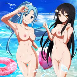 1girl 2girls absurdres accel_world alternate_breast_size asuna_(alo) asuna_(sao) bad_tag ball beach beachball big_breasts black_hair blue_eyes blue_hair breasts brown_eyes completely_nude highres innertube kuroyukihime long_hair looking_at_viewer multiple_girls nipples nude nude_filter nudist nudist_beach pointy_ears ponytail pussy swim_ring sword_art_online third-party_edit uncensored very_long_hair water