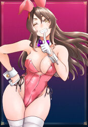 1girl alternate_costume animal_ear_hairband animal_ears ashigara_(kancolle) blue_background bow bowtie breasts brown_eyes brown_hair cellphone commentary_request detached_collar fake_animal_ears gloves gradient_background grin hairband highleg highleg_leotard kantai_collection large_breasts leotard long_hair phone playboy_bunny purple_bow purple_bowtie rabbit_ears red_background red_leotard side-tie_leotard smile solo strapless strapless_leotard thighhighs udukikosuke white_gloves white_thighhighs wrist_cuffs