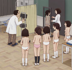 1boy 6+girls ass black_skirt black_socks breasts brown_hair brown_pants chair chalkboard classroom commentary crotch_seam curtains desk doctor indoors kiyo_(kyokyo1220) lab_coat medical_examination multiple_girls office_chair original panties pants panty_pull ponytail shirt shorts skirt small_breasts socks standing striped_clothes striped_panties swivel_chair topless_female underwear unworn_shirt unworn_shorts white_panties white_socks