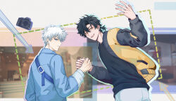 Rule 34 | 2boys, absurdres, alternate costume, arrow (symbol), black hair, black shirt, blue eyes, blue jacket, camera, cheng xiaoshi, closed mouth, dsarl995595, hand up, highres, holding hands, jacket, long sleeves, looking at viewer, looking back, lu guang, male focus, multicolored jacket, multiple boys, open clothes, open jacket, open mouth, pants, ponytail, shiguang dailiren, shirt, short hair, short ponytail, smile, teeth, white hair, white pants, yaoi, yellow eyes, yellow jacket