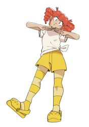 1girl absurdres birdbrain_(synthesizer_v) closed_mouth crocs drill_hair full_body highres kasane_teto looking_at_viewer medium_hair o3o red_eyes red_hair scrambled_skies shirt shoes shorts simple_background solo striped_clothes striped_thighhighs synthesizer_v thighhighs tied_shirt twin_drills white_background white_shirt yellow_shoes yellow_shorts yellow_thighhighs