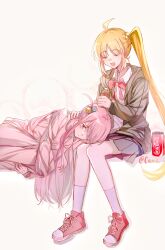 2girls :d ahoge artist_name black_hoodie blonde_hair bocchi_the_rock! bottle bottle_on_head can canis428 chinese_commentary closed_eyes coca-cola collared_shirt commentary_request cube_hair_ornament dress_shirt drink_can gotoh_hitori hair_flowing_over hair_ornament hair_over_one_eye highres holding holding_bottle hood hooded_jacket hoodie hugging_own_legs ijichi_nijika jacket lap_pillow long_hair lying multiple_girls on_side open_clothes open_hoodie open_mouth pink_hair pink_track_suit pleated_skirt school_uniform shimokitazawa_high_school_uniform shirt shoes shuka_high_school_uniform side_ponytail sidelocks signature sitting skirt smile sneakers socks soda_can track_suit very_long_hair white_shirt white_socks