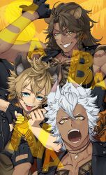 Rule 34 | 3boys, animal ears, black gloves, black shirt, blonde hair, blue eyes, brown hair, clenched hand, commentary request, dark-skinned male, dark skin, fangs, fingerless gloves, gloves, green eyes, grin, hair between eyes, hand up, highres, hyena ears, jack howl, jewelry, jip, leona kingscholar, lion ears, looking at viewer, male focus, multiple boys, necklace, open mouth, ruggie bucchi, shirt, signature, simple background, sleeveless, sleeveless shirt, smile, teeth, thumbs down, tongue, tongue out, twisted wonderland, upper body, white hair, wolf ears, yellow background, yellow eyes