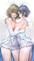 2girls asymmetrical_docking backless_outfit bare_shoulders black_hair breast_press breasts covered_navel dress elbow_gloves feather_boa feather_hair_ornament feathers gloves green_eyes green_hair hair_ornament hayami_kanade highres idolmaster idolmaster_cinderella_girls large_breasts medium_breasts medium_hair mk_(mod0) mole mole_under_eye multiple_girls panties pantyhose purple_dress simple_background takagaki_kaede underwear white_background white_gloves white_panties white_pantyhose yellow_eyes yuri