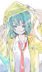1girl aqua_eyes aqua_hair arms_up bad_id bad_twitter_id blue_hair blurry_edges closed_mouth coat collared_shirt commentary_request dress_shirt facing_viewer falling_petals floating_hair hair_ornament hairclip highres holding_hood hood hood_up light_smile long_sleeves looking_down medium_hair necktie official_art omutatsu open_clothes open_coat petals raincoat red_necktie see-through_clothes see-through_raincoat shirt solo tuyu_(band) two_side_up upper_body water_drop wavy_mouth white_background white_shirt yappari_ame_wa_furunda_ne yellow_raincoat