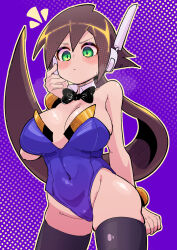 absurdres aile_(mega_man_zx) bare_shoulders black_thighhighs blue_leotard blush breasts buzzlyears commentary cowboy_shot green_eyes highres large_breasts leotard long_hair mega_man_(series) mega_man_zx mega_man_zx_advent ponytail purple_background robot_ears simple_background strapless thighhighs