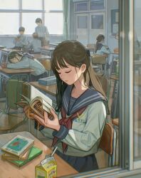 1other 3boys 4girls absurdres black_hair blue_sailor_collar blue_skirt book brown_hair chair classroom commentary_request desk drinking_straw highres holding holding_book indoors juice_carton multiple_boys multiple_girls neckerchief original pleated_skirt red_neckerchief sailor_collar sailor_shirt school_chair school_desk school_uniform serafuku shirt skirt sleeping sleeping_upright solo_focus utaka_(anyoanyot) white_shirt